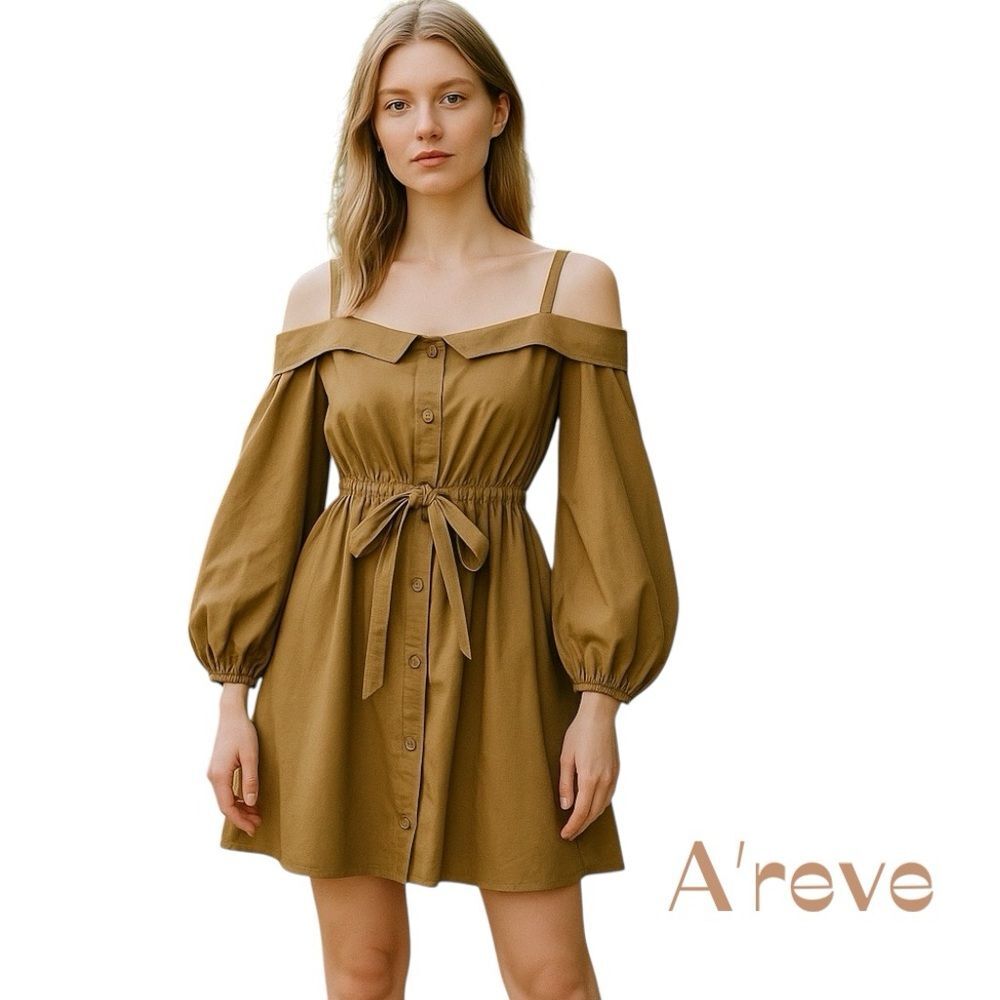 Anthropologie A’reve Khaki Off Shoulder Cotton Peasant Boho Dress NWOT Size M